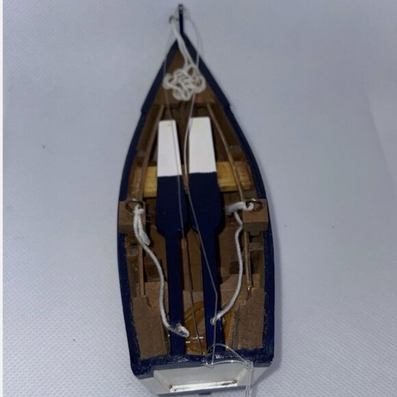 Vintage Boat Ornament  Wooden with Oars & Ropes Blue /White - Detailed - Picture 6 of 7